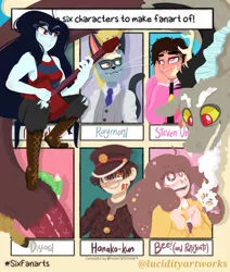 Size: 828x978 | Tagged: adventure time, animal crossing, anthro, artist:darkestsunset, bee and puppycat, clothes, crossover, derpibooru import, discord, draconequus, female, glasses, guitar, hanako, hat, heterochromia, human, looking at each other, looking up, male, marceline, musical instrument, necktie, out of frame, raymond, safe, shoes, sitting, six fanarts, smiling, starry eyes, steven universe, suit, toilet-bound hanako-kun, wingding eyes