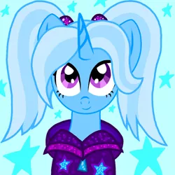 Size: 800x800 | Tagged: safe, alternate version, artist:katya, derpibooru import, trixie, pony, unicorn, alternate hairstyle, babysitter trixie, blue background, clothes, cute, diatrixes, female, gameloft interpretation, hoodie, looking at you, mare, pigtails, simple background, solo, stars, twintails