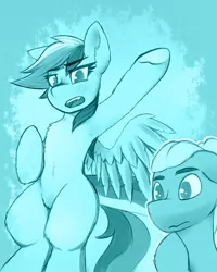 Size: 4000x4993 | Tagged: safe, alternate version, artist:anon_1515, derpibooru import, rainbow dash, zephyr breeze, pegasus, pony, semi-anthro, armpits, belly button, belly fluff, blushing, chest fluff, closed mouth, clothes, contemplating, cute, cute little fangs, ear fluff, eyebrows, fangs, featureless crotch, female, floppy ears, fluffy, hoof on chin, implied shipping, lidded eyes, looking at you, looking offscreen, made in abyss, male, monochrome, open mouth, parody, pubic fluff, raised hoof, raised tail, sketch, spread wings, stubble, tail, thinking, underhoof, wings