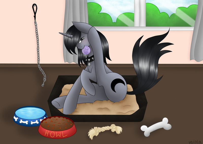 Size: 2048x1448 | Tagged: safe, artist:vaiola, derpibooru import, oc, oc:howl, pony, advertisement, ball, behaving like a dog, bone, chains, chew toy, collar, commission, food bowl, full body, pet bed, pet play, pet tag, pony pet, spiked collar