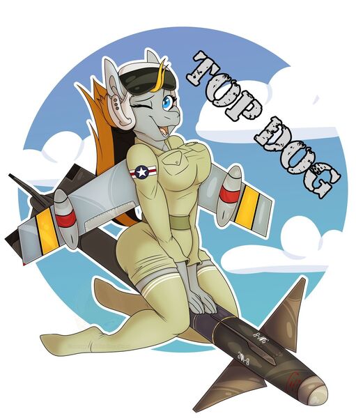 Size: 1280x1503 | Tagged: safe, artist:grumpygriffcreation, derpibooru import, oc, oc:top dog, anthro, original species, plane pony, pony, clothes, female, missile, one eye closed, plane, socks, solo, stockings, thigh highs, wink