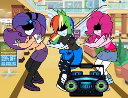 Size: 1816x1404 | Tagged: safe, artist:enderboy1908, derpibooru import, pinkie pie, rainbow dash, rarity, equestria girls, boombox, crossover, jojo reference, jojo's bizarre adventure, mall, torture dance, vento aureo