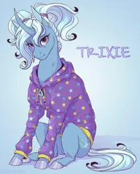 Size: 870x1080 | Tagged: safe, artist:dementra369, derpibooru import, trixie, pony, unicorn, alternate hairstyle, babysitter trixie, clothes, curved horn, female, gameloft, hoodie, horn, looking at you, mare, pigtails, ponytail, sitting, solo, twintails