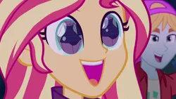 Size: 924x520 | Tagged: safe, derpibooru import, edit, edited screencap, editor:clopero overlord, editor:drakeyc, screencap, fry lilac, sci-twi, sunset shimmer, twilight sparkle, equestria girls, equestria girls series, forgotten friendship, sunset's backstage pass!, spoiler:eqg series (season 2), background human, backstage pass, butt, clothes, cropped, cute, discovery kids, eye reflection, female, happy, lesbian, logo, plot, reflection, scitwishimmer, shimmerbetes, shipping, smiling, spanish, sunsetsparkle, swimsuit, twibutt, watermark, wide eyes