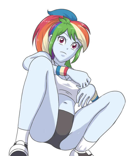 Size: 1968x2338 | Tagged: suggestive, artist:sumin6301, derpibooru import, rainbow dash, equestria girls, breasts, clothes, converse, female, panties, shoes, shorts, simple background, sneakers, socks, solo, solo female, sports bra, sports panties, sports shorts, underwear, white background