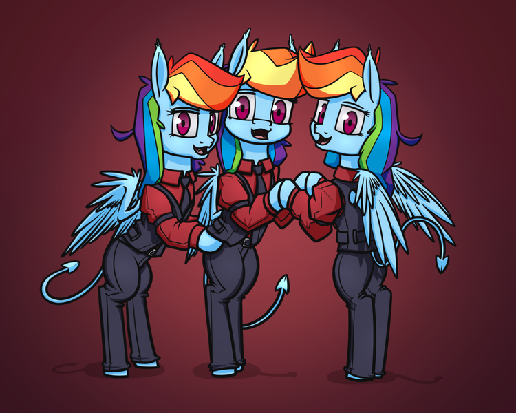 Size: 1500x1200 | Tagged: safe, artist:dacaoo, derpibooru import, rainbow dash, pegasus, pony, belt, cerberus (helltaker), clothes, helltaker, pants, shadow, shirt, simple background, triality