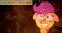 Size: 764x405 | Tagged: safe, derpibooru import, editor:logan jones, scootaloo, pegasus, pony, derpibooru, 666, bloodshot eyes, crazy face, demonic, faic, female, filly, fire, hell, insanity, meta, number of the beast, tags