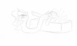 Size: 1280x773 | Tagged: safe, artist:astr0zone, derpibooru import, part of a set, princess luna, alicorn, pony, female, gritted teeth, impossibly long neck, lidded eyes, long neck, mare, necc, part of a series, princess luneck, prone, raised hoof, saggy, sketch, solo, stretchy, underhoof