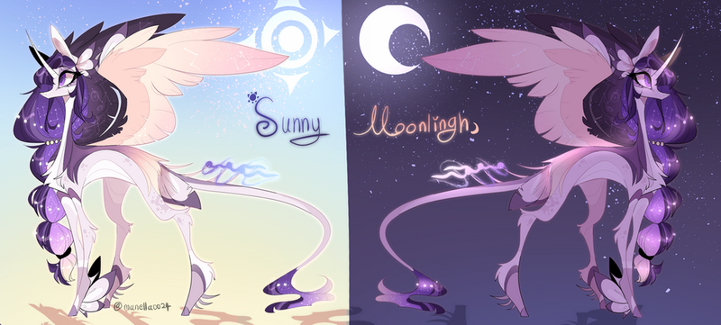 Size: 1024x462 | Tagged: safe, artist:manella-art, derpibooru import, oc, oc:sunny moonlight, alicorn, pony, female, magical lesbian spawn, mare, offspring, parent:rainbow dash, parent:twilight sparkle, parents:twidash, solo