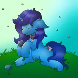 Size: 4000x4000 | Tagged: safe, artist:raktor, derpibooru import, oc, oc:delly, unofficial characters only, pony, unicorn, collar, ear fluff, female, flower, grass, mare, solo