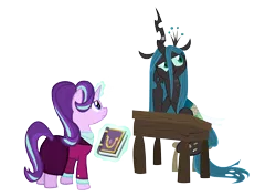 Size: 6256x4424 | Tagged: safe, artist:mr100dragon100, derpibooru import, queen chrysalis, starlight glimmer, changeling, changeling queen, pony, unicorn, a better ending for chrysalis, book, bored, bound wings, cute, cutealis, desk, duo, duo female, female, glimmerbetes, horn, horn ring, levitation, magic, magic suppression, mare, older, older starlight glimmer, reformation, ring, rope, simple background, stool, telekinesis, transparent background, wings