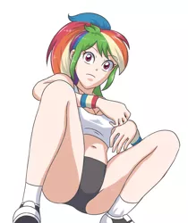 Size: 1968x2338 | Tagged: suggestive, artist:sumin6301, artist:sumin6301 edits, derpibooru import, edit, editor:michaelsety, rainbow dash, human, equestria girls, breasts, clothes, converse, female, human coloration, humanized, shoes, shorts, simple background, sneakers, socks, solo, solo female, sports bra, sports panties, sports shorts, white background