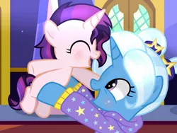 Size: 1280x960 | Tagged: safe, artist:bounswetie, artist:estories, artist:themune, derpibooru import, trixie, oc, oc:evening glitter, pony, unicorn, icey-verse, alternate hairstyle, babysitter trixie, base used, blushing, clothes, cute, diatrixes, eyes closed, female, filly, holding, hoodie, magical lesbian spawn, mare, multicolored hair, offspring, open mouth, parent:starlight glimmer, parent:sunset shimmer, parents:shimmerglimmer, pigtails, raised hoof, twilight's castle, twintails, younger