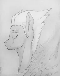 Size: 775x984 | Tagged: artist:steelarrowheadd, bust, crying, derpibooru import, eyes closed, feather, fleetfoot, lineart, portrait, sad, sad smile, safe, simple background, solo, teary eyes, traditional art