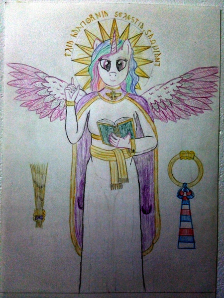 Size: 3120x4160 | Tagged: anthro, artist:mildgyth, baresman, book, clothes, derpibooru import, dress, faravahar, farshiang, halo, magic, priestess, princess celestia, safe, solo, spread wings, traditional art, two toned wings, wings, ziragshabdarverse, zoroastrianism