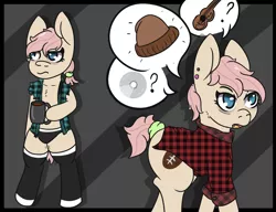 Size: 1300x1000 | Tagged: suggestive, artist:lazerblues, derpibooru import, oc, oc:equestrian hoofball, unofficial characters only, earth pony, pony, bags under eyes, bipedal, cameltoe, clothes, ear piercing, flannel, panties, piercing, socks, solo, underwear