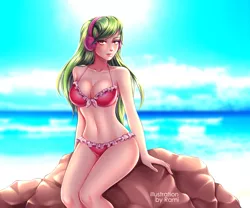 Size: 1920x1600 | Tagged: suggestive, artist:depressiverami, derpibooru import, lemon zest, equestria girls, beach, belly button, bikini, breasts, busty lemon zest, clothes, cloud, commission, female, frilled swimsuit, headphones, human coloration, looking at you, ocean, rock, sitting, sky, solo, solo female, swimsuit, ych result