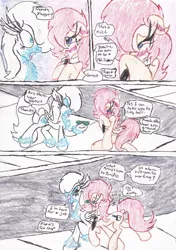 Size: 1536x2184 | Tagged: safe, derpibooru import, oc, oc:politica segreta, oc:snowbelle, earth pony, pegasus, pony, comic:politica's rebound, bedroom eyes, blushing, blushing profusely, collar, colored pencil drawing, colored pencils, covering face, dialogue, female, glasses, mare, necktie, outdoors, road, shocked, sidewalk, sitting, speech bubble, talking, thought bubble, traditional art, walking