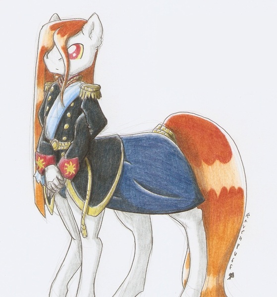 Size: 1012x1086 | Tagged: anthro, anthro centaur, arm behind back, artist:ravenpuff, centaur, clothes, derpibooru import, hybrid, interspecies offspring, male, multiple arms, oc, oc:sunbeam, offspring, parent:discord, parent:princess celestia, parents:dislestia, ponytaur, safe, sleipnir, solo, taur, traditional art, uniform, unofficial characters only