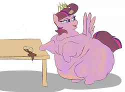 Size: 1700x1252 | Tagged: suggestive, artist:astr0zone, derpibooru import, oc, oc:astrozone, pegasus, pony, alicorn costume, belly, bhm, big belly, bingo wings, butt, chocolate, chocolate milk, clothes, costume, crown, dyed coat, dyed mane, exploitable meme, eyelashes, fake horn, fat, flabby chest, food, glass, huge belly, huge butt, jewelry, large butt, looking back, male, meme, milk, morbidly obese, neck roll, nightmare night costume, obese, open mouth, pure unfiltered evil, regalia, rolls of fat, simple background, smiling, solo, solo male, spilled milk, spread wings, stallion, table, thighs, thunder thighs, toilet paper roll, toilet paper roll horn, white background, wings