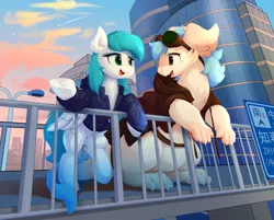Size: 3563x2867 | Tagged: source needed, safe, artist:thesamstudio, derpibooru import, oc, oc:cynosura, unofficial characters only, pegasus, pony, beijing, chinese text, city, clothes, duo, female, goggles, looking at each other, mare, smiling, unknown species