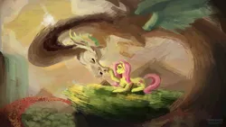 Size: 1920x1080 | Tagged: safe, artist:shabawdy, derpibooru import, discord, fluttershy, draconequus, pegasus, pony, boop, chest fluff, cliff, discoshy, facing each other, female, flying, looking at each other, male, mare, mountain, outdoors, profile, prone, raised hoof, shipping, smiling, straight, stray strand, wingless