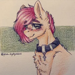 Size: 1080x1080 | Tagged: artist:hardtimebreathing, blushing, bust, choker, cross, derpibooru import, jewelry, not scootaloo, oc, pendant, portrait, safe, solo, traditional art