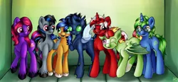 Size: 1280x594 | Tagged: safe, artist:appleneedle, derpibooru import, oc, oc:ace jetstream, oc:fire light, oc:iron crackle, oc:libra, oc:razgriz mirage, oc:tropical storm, oc:vintage garnet, bat pony, changeling, earth pony, pony, unicorn, art, character, digital, draw, drawing, fanart, glasses, paint, painting, room