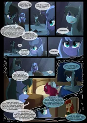 Size: 1240x1754 | Tagged: safe, artist:lunarcakez, derpibooru import, princess luna, oc, alicorn, earth pony, pony, comic:the origins of hollow shades, cloak, clothes, comic, male, s1 luna, stallion