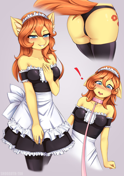 Size: 905x1280 | Tagged: suggestive, artist:shoggoth-tan, derpibooru import, oc, oc:sea breeze, unofficial characters only, anthro, earth pony, anthro oc, ass, black underwear, blushing, breasts, butt, clothes, collar, female, femsub, leash, maid, maid headdress, mare, panties, shy, socks, solo, solo female, stockings, submissive, tail, thigh highs, thong, underwear