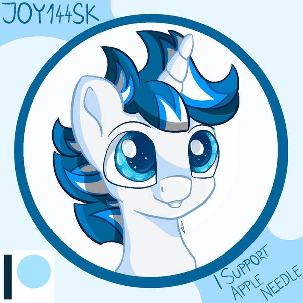 Size: 1280x1280 | Tagged: safe, artist:appleneedle, derpibooru import, oc, oc:unhappy joy, pony, unicorn, art, award, badge, blue, bust, button, character, digital, draw, drawing, fanart, paint, painting, patreon, portrait, support