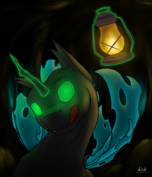 Size: 3000x3500 | Tagged: safe, artist:diskrt, derpibooru import, changeling, pony, bust, cave, glowing eyes, glowing horn, green eyes, horn, lantern, light, magic, signature, solo, telekinesis