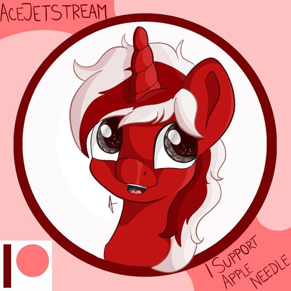 Size: 1280x1280 | Tagged: safe, artist:appleneedle, derpibooru import, oc, oc:ace jetstream, pony, unicorn, art, award, badge, bust, button, character, digital, draw, drawing, fanart, paint, painting, patreon, portrait, red, support