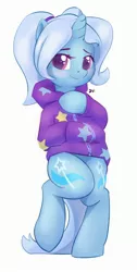 Size: 1372x2732 | Tagged: safe, artist:drafthoof, derpibooru import, trixie, pony, unicorn, alternate hairstyle, babysitter trixie, bipedal, blushing, body pillow, body pillow design, clothes, cute, diatrixes, female, gameloft interpretation, hoodie, looking at you, mare, pigtails, simple background, solo, twintails, white background