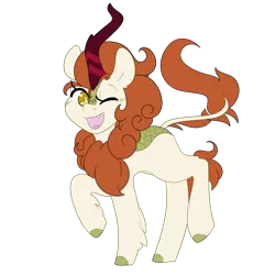 Size: 7000x7000 | Tagged: artist:hellscrossing, autumn blaze, awwtumn blaze, cute, cute little fangs, derpibooru import, fangs, female, happy, kirin, one eye closed, open mouth, raised hoof, safe, simple background, solo, transparent background, wink