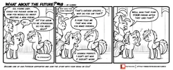 Size: 1600x655 | Tagged: safe, artist:lummh, derpibooru import, luster dawn, oc, oc:messier, oc:three phrase, hippogriff, pegasus, pony, unicorn, comic:what about the future, comic, monochrome, speech bubble