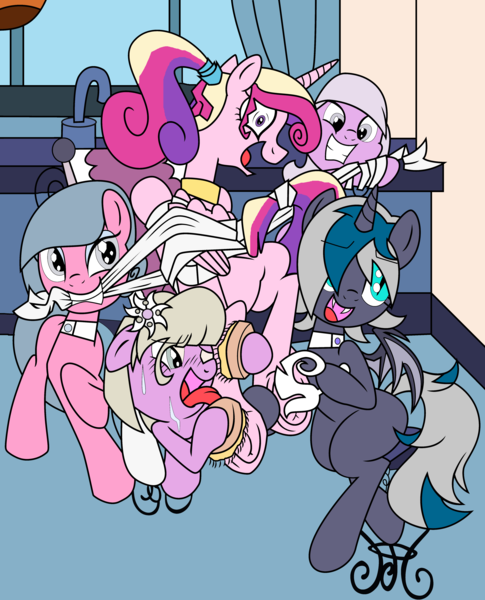 Size: 4000x4951 | Tagged: suggestive, artist:goomingtoll, artist:icey-wicey-1517, color edit, derpibooru import, edit, dandy brush, lilac luster, princess cadance, rose quartz, oc, oc:elizabat stormfeather, alicorn, bat pony, bat pony alicorn, crystal pony, earth pony, pony, alicorn oc, alternate hairstyle, bat pony oc, bat wings, bedroom eyes, bipedal, bondage, brush, butt, chair, colored, erotic tickling, eyeshadow, fangs, feather, female, femdom, femsub, fetish, frog (hoof), grin, hairbrush, hoof fetish, hoof hold, hoof tickling, hoof worship, horn, laughing, licking, makeup, mare, massage chair, missing cutie mark, open mouth, plot, raised hoof, raised leg, shrunken pupils, smiling, spa, submissive, sweat, tickle fetish, tickle torture, tickling, tongue out, towel, underhoof, wall of tags, wings