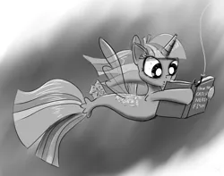 Size: 1252x987 | Tagged: adorkable, alicorn, artist:chopsticks, bait, book, cute, derpibooru import, dork, female, fin wings, fishing, fishing hook, hook, horn, monochrome, reading, safe, seaponified, seapony (g4), seapony twilight, simple background, solo, species swap, that pony sure does love books, twilight sparkle, twilight sparkle (alicorn), underwater, water, wings