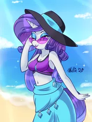 Size: 1350x1800 | Tagged: safe, artist:melliedraws, derpibooru import, rarity, anthro, unicorn, equestria girls, equestria girls series, beach, belly button, bikini, breasts, cleavage, clothes, female, glasses, hat, looking at you, mare, one eye closed, outdoors, sarong, solo, stupid sexy rarity, swimsuit, wink