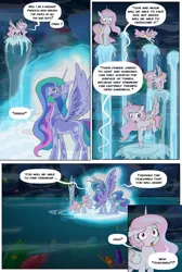 Size: 1280x1905 | Tagged: safe, artist:jeremy3, artist:lummh, derpibooru import, princess celestia, alicorn, pony, comic:celestia's destiny, cave, cavern, comic, crystal, female, filly, filly celestia, foal, future, glowing gems, past, pink-mane celestia, reflection, swimming pool, water, young celestia, younger