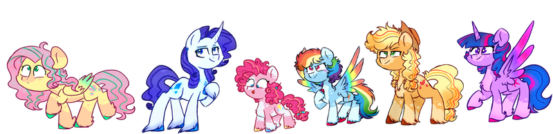 Size: 4388x1062 | Tagged: source needed, safe, artist:honneymoonmlp, derpibooru import, applejack, fluttershy, pinkie pie, rainbow dash, rarity, twilight sparkle, twilight sparkle (alicorn), alicorn, earth pony, pegasus, pony, unicorn, chest fluff, colored hooves, colored wings, cowboy hat, hat, headcanon, mane six, multicolored wings, rainbow wings, unshorn fetlocks, wings