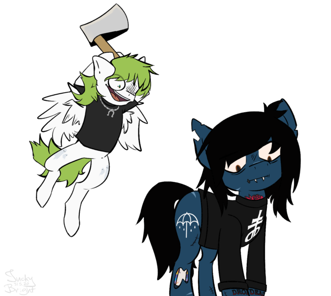 Size: 1440x1285 | Tagged: safe, artist:meaxtonly, derpibooru import, ponified, ponified:oliver sykes, earth pony, pegasus, pony, undead, zombie, zombie pony, awsten knight, axe, bone, both cutie marks, bring me the horizon, clothes, colored pupils, colored sclera, commission, crazy eyes, crossover, duo, duo male, fangs, flying, glasgow smile, hoof hold, horseshoes, imminent murder, jewelry, lip piercing, long sleeves, male, necklace, open mouth, piercing, scar, shirt, simple background, stallion, stitches, t-shirt, tattoo, this will end in pain, torn ear, transparent background, waterparks, weapon, wings, ych result