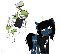 Size: 1440x1285 | Tagged: safe, artist:meaxtonly, derpibooru import, ponified, ponified:oliver sykes, earth pony, pegasus, pony, undead, zombie, zombie pony, awsten knight, axe, bone, both cutie marks, bring me the horizon, clothes, colored pupils, colored sclera, commission, crazy eyes, crossover, duo, duo male, fangs, flying, glasgow smile, hoof hold, horseshoes, imminent murder, jewelry, lip piercing, long sleeves, male, necklace, open mouth, piercing, scar, shirt, simple background, stallion, stitches, t-shirt, tattoo, this will end in pain, torn ear, transparent background, waterparks, weapon, wings, ych result