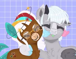 Size: 781x609 | Tagged: safe, alternate version, artist:dxggy_tearz, derpibooru import, oc, unofficial characters only, earth pony, pegasus, pony, :p, base used, chest fluff, cloven hooves, ear piercing, earring, earth pony oc, eyes closed, freckles, glasses, hear, jewelry, pegasus oc, piercing, side hug, solo, tongue out, wings