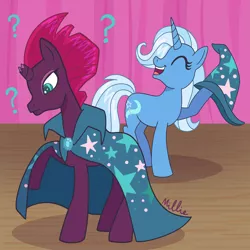 Size: 4096x4096 | Tagged: safe, artist:milliedubois, artist:millieduboisart, banned from derpibooru, deleted from derpibooru, derpibooru import, tempest shadow, trixie, pony, unicorn, broken horn, cape, clothes, confused, duo, eyes closed, female, hat, hoof hold, horn, image, jpeg, mare, question mark, raised hoof, signature, smiling, stage, wizard hat