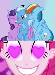 Size: 1600x2200 | Tagged: safe, artist:starfall842, derpibooru import, edit, edited screencap, screencap, pinkie pie, rainbow dash, trixie, twilight sparkle, twilight sparkle (alicorn), alicorn, coinky-dink world, eqg summertime shorts, equestria girls, chest fluff, female, heart eyes, hug, lesbian, meme, pinkie's eyes, shipping, trixdash, twidash, twixie, wingding eyes, winghug