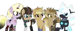 Size: 3500x1466 | Tagged: safe, artist:angelina-pax, artist:dianamur, derpibooru import, dinky hooves, oc, oc:clockwork (ice1517), oc:cyber heart (ice1517), oc:time liz, oc:tinker (ice1517), cyborg, earth pony, pegasus, pony, robot, robot pony, unicorn, icey-verse, alternate hairstyle, amputee, artificial wings, augmented, aunt and nephew, aunt and niece, binary, clothes, commission, ear piercing, earring, eyeshadow, female, glasses, group, hair over one eye, heart, horn, horn ring, jeans, jewelry, lip piercing, makeup, male, mare, multicolored hair, offspring, older, older dinky hooves, open mouth, oven mitts, pants, parent:derpy hooves, parent:doctor whooves, parents:doctorderpy, piercing, prosthetic leg, prosthetic limb, prosthetic wing, prosthetics, raised eyebrow, raised hoof, ring, scarf, simple background, stallion, sweater, tattoo, transparent background, wings, ych result