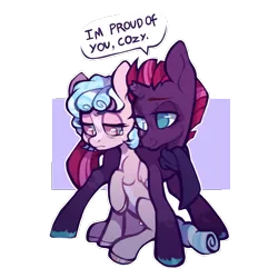 Size: 1227x1226 | Tagged: safe, artist:occultusion, derpibooru import, cozy glow, fizzlepop berrytwist, tempest shadow, pegasus, pony, unicorn, a better ending for cozy, broken horn, clothes, cozybetes, cozylove, crying, cute, duo, eye scar, female, filly, horn, mare, markings, open, raised hoof, redesign, sad, scar, scarf, simple background, sitting, smiling, tempestbetes, transparent background, unshorn fetlocks, when she smiles