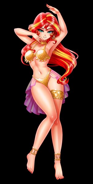 Size: 2066x4096 | Tagged: suggestive, artist:racoonsan, derpibooru import, edit, sunset shimmer, human, equestria girls, anklet, armpits, barefoot, bedroom eyes, belly button, belly dancer, belly dancer outfit, bikini, black background, breasts, busty sunset shimmer, choker, cleavage, clothes, dancing, ear piercing, earring, eyelashes, eyeshadow, feet, female, flowing hair, golden bikini, harem outfit, humanized, jewelry, leg bracelet, looking at you, makeup, midriff, nail polish, piercing, raised eyebrow, sexy, simple background, sleeveless, smiling, smirk, solo, solo female, stupid sexy sunset shimmer, swimsuit, variant, veil