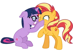 Size: 1024x732 | Tagged: safe, artist:emeraldblast63, derpibooru import, sci-twi, sunset shimmer, twilight sparkle, ponified, pony, unicorn, equestria girls, equestria girls series, spring breakdown, spoiler:eqg series (season 2), boop, cheek squish, equestria girls ponified, eyes closed, horn, horns are touching, nose to nose, noseboop, open mouth, raised hoof, squishy cheeks, unicorn sci-twi, yelling